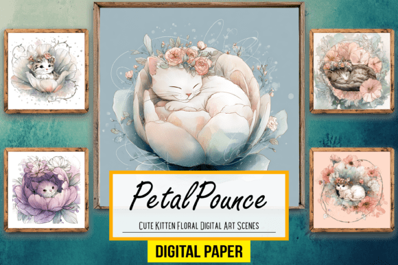 Download Cute Kitten Floral Digital Artwork Scene - Floral Collection