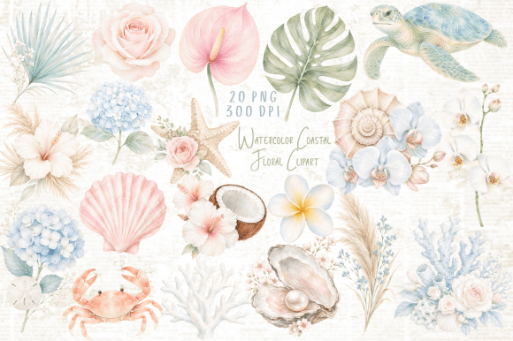Download Watercolor Coastal Floral Clipart PNG - Premium Bundle