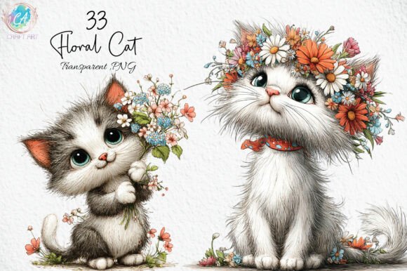 Download Whimsical Floral Cat PNG - Premium Resources