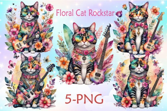 Download Floral Cat Rockstar Watercolor Clipart - Floral Collection